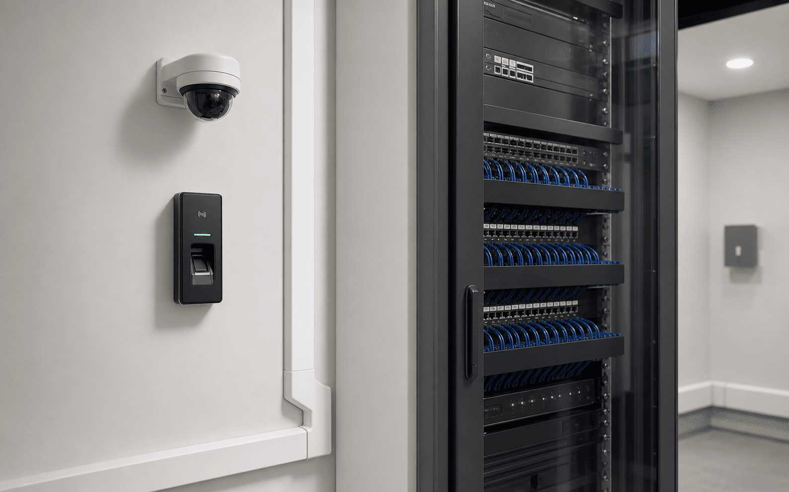 Organised building network rack, CCTV camera and access control system
