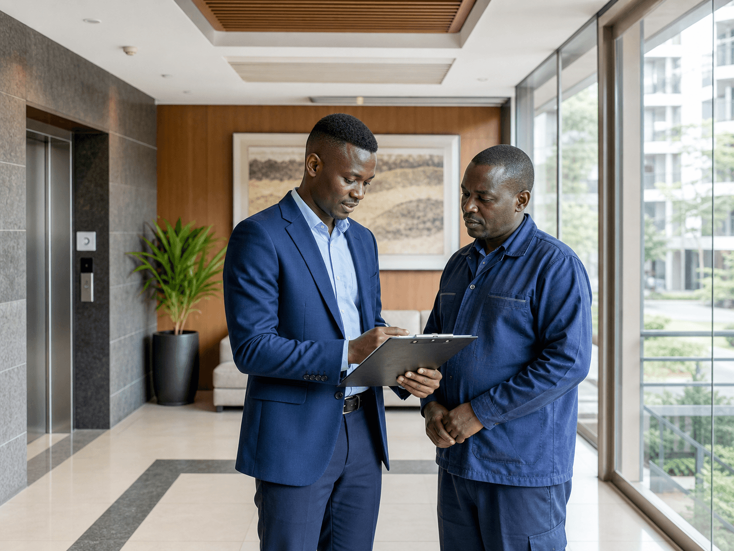 Property manager reviewing building operations with a service professional