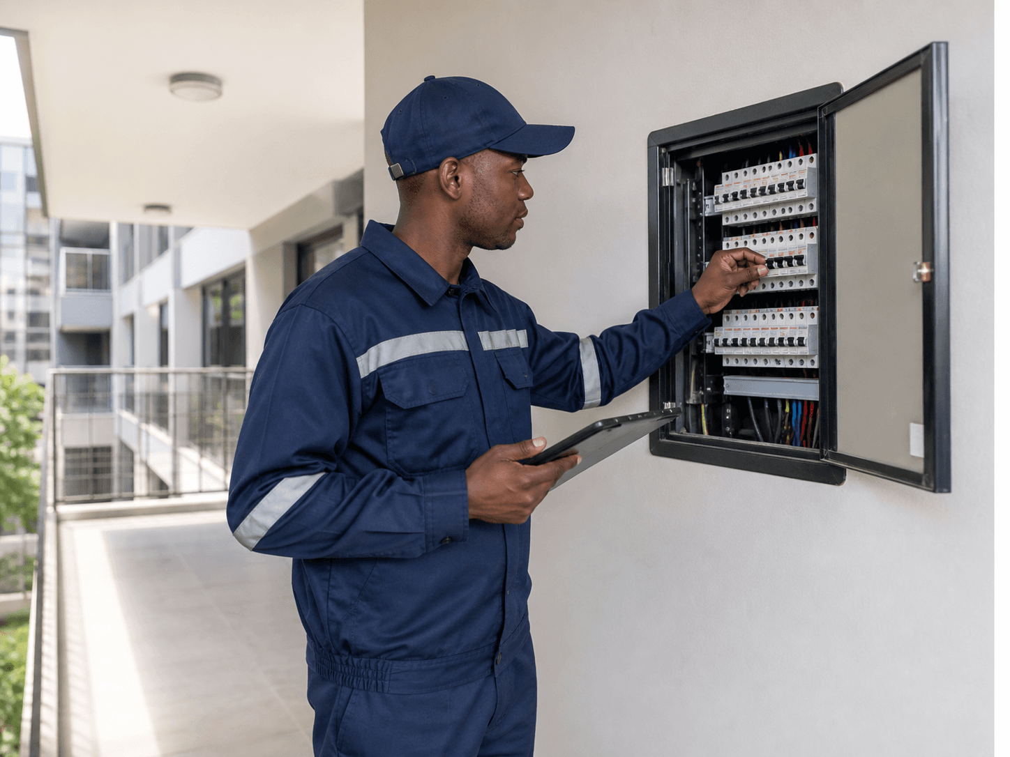 Maintenance technician inspecting an electrical panel at an apartment building