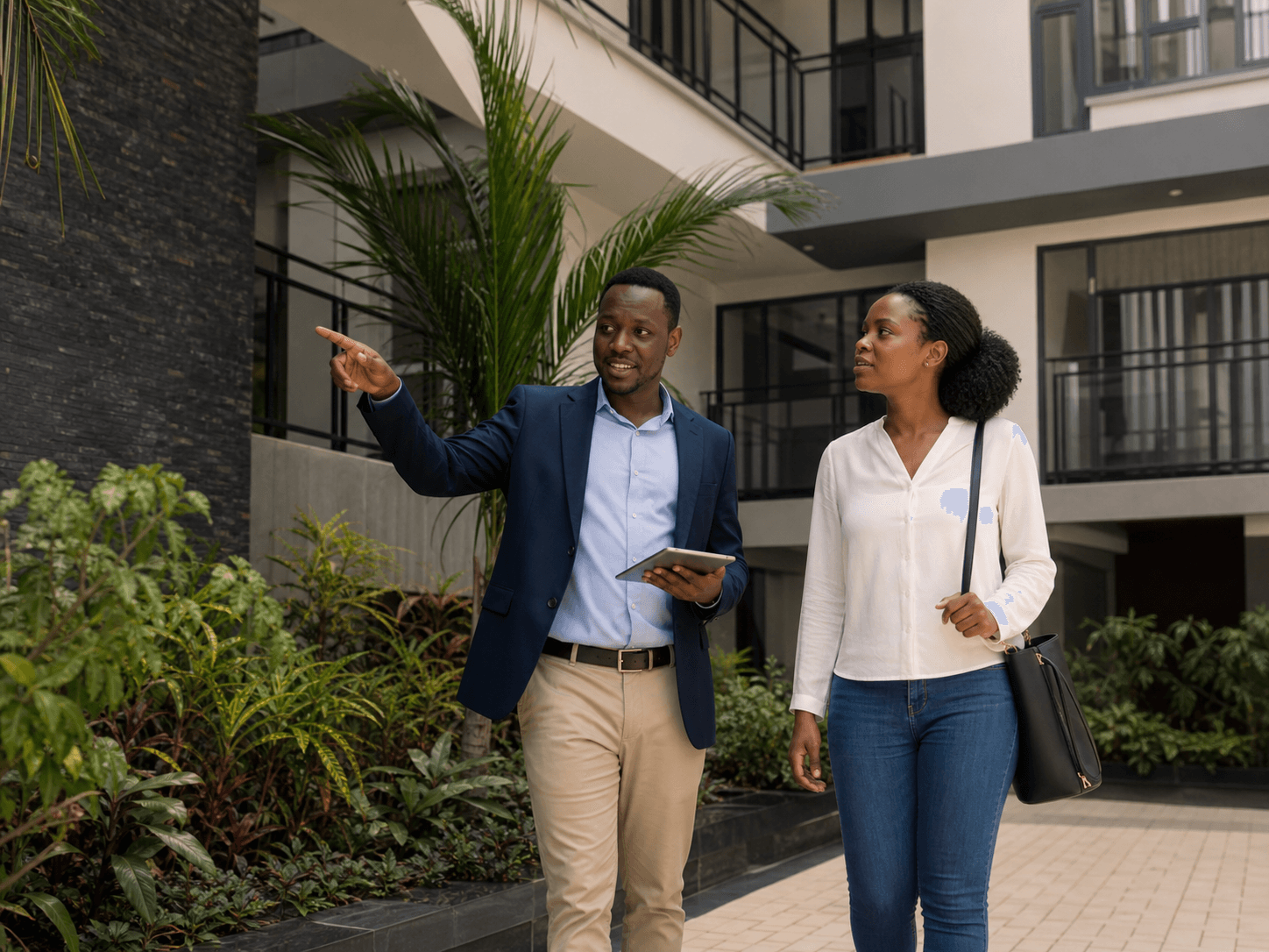 Property manager walking through an apartment courtyard with a resident